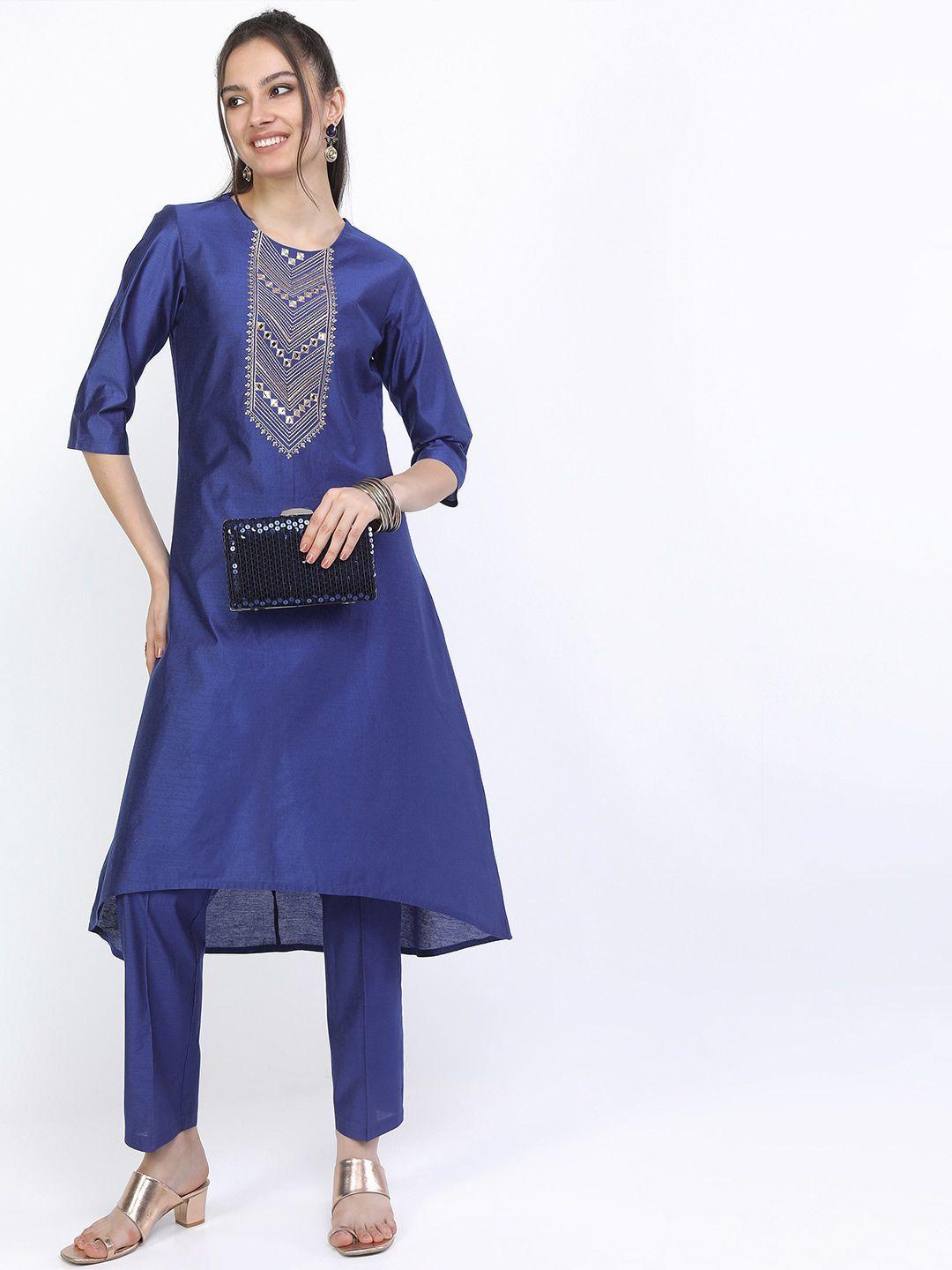 vishudh women blue panelled kurta with trousers