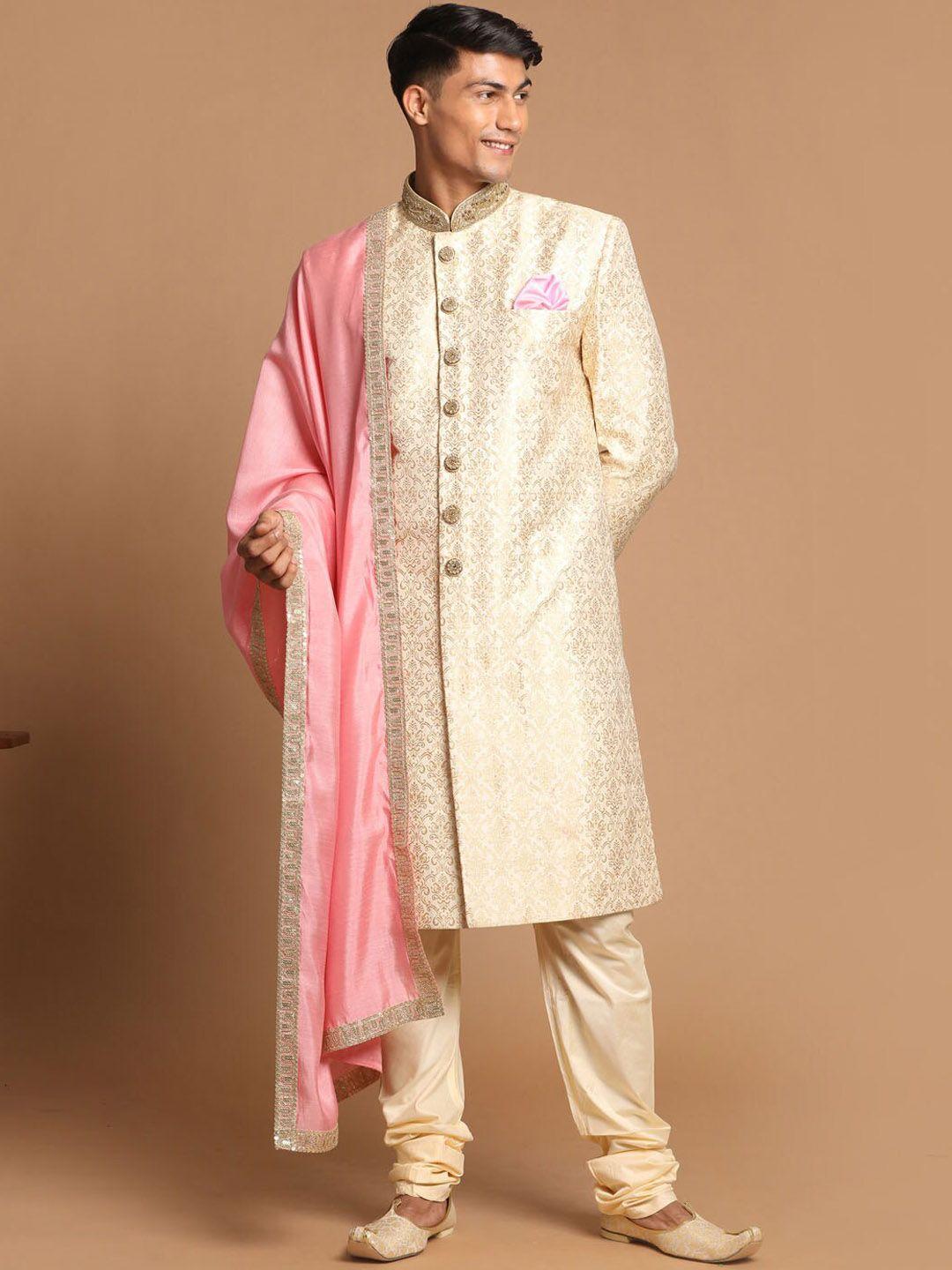 vastramay men beige & gold-coloured silk blend sherwani set