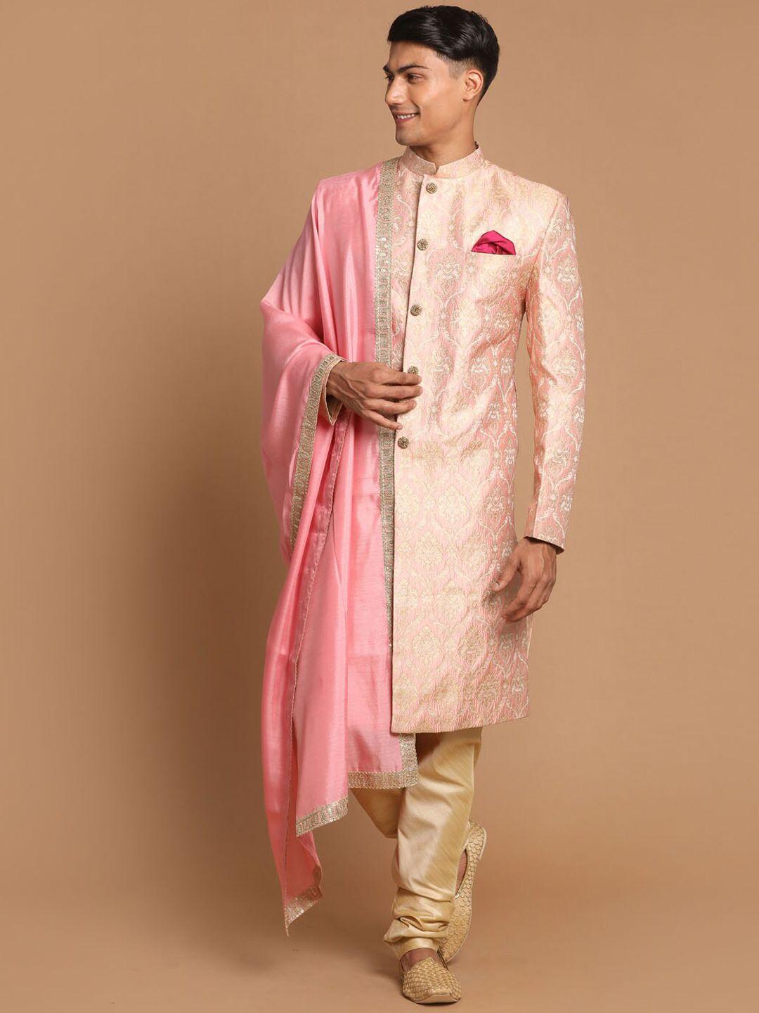 vastramay men pink & golden woven design sherwani with embellished dupatta