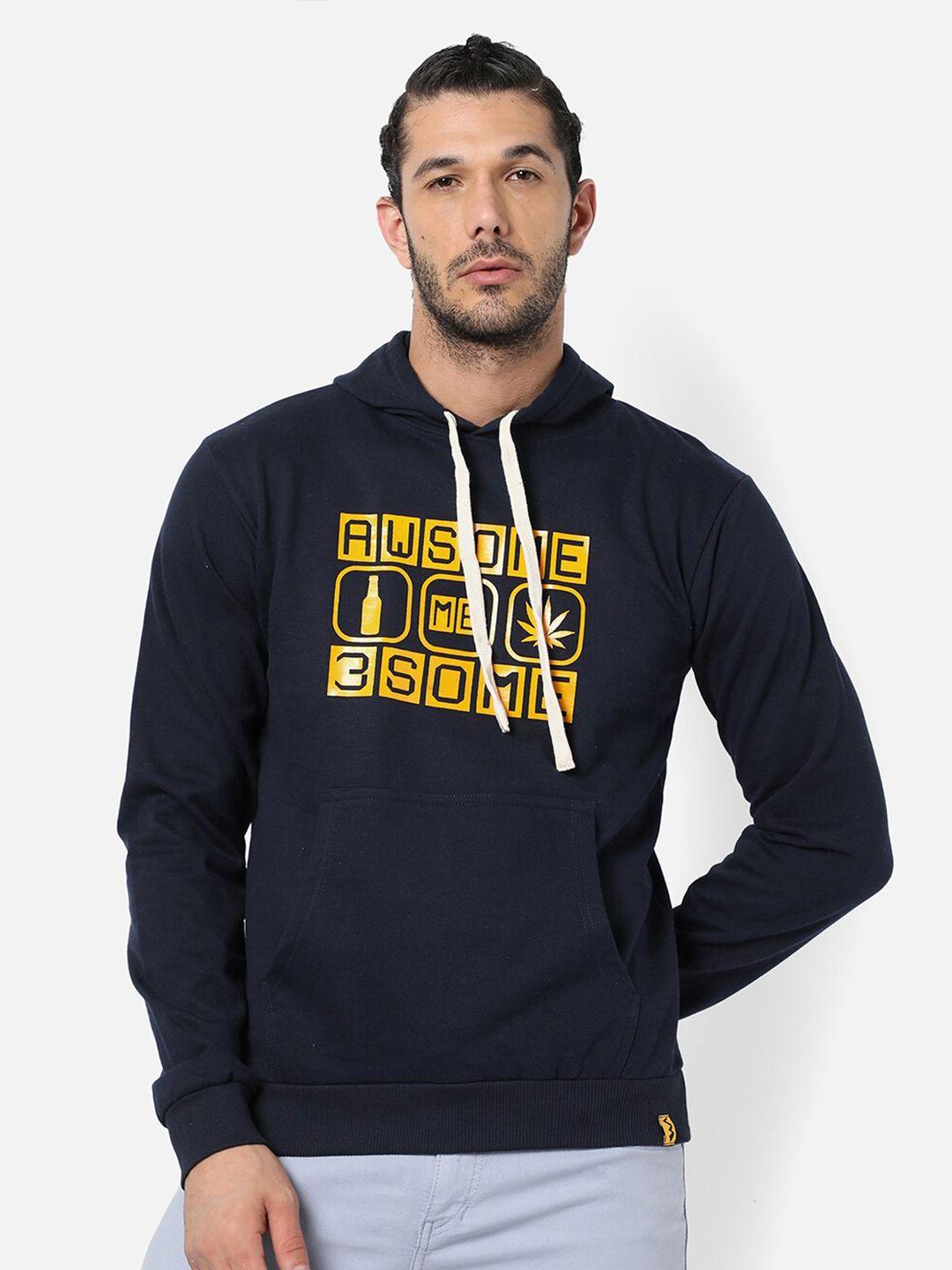 campus sutra men navy blue typography print hooded sweatshirt