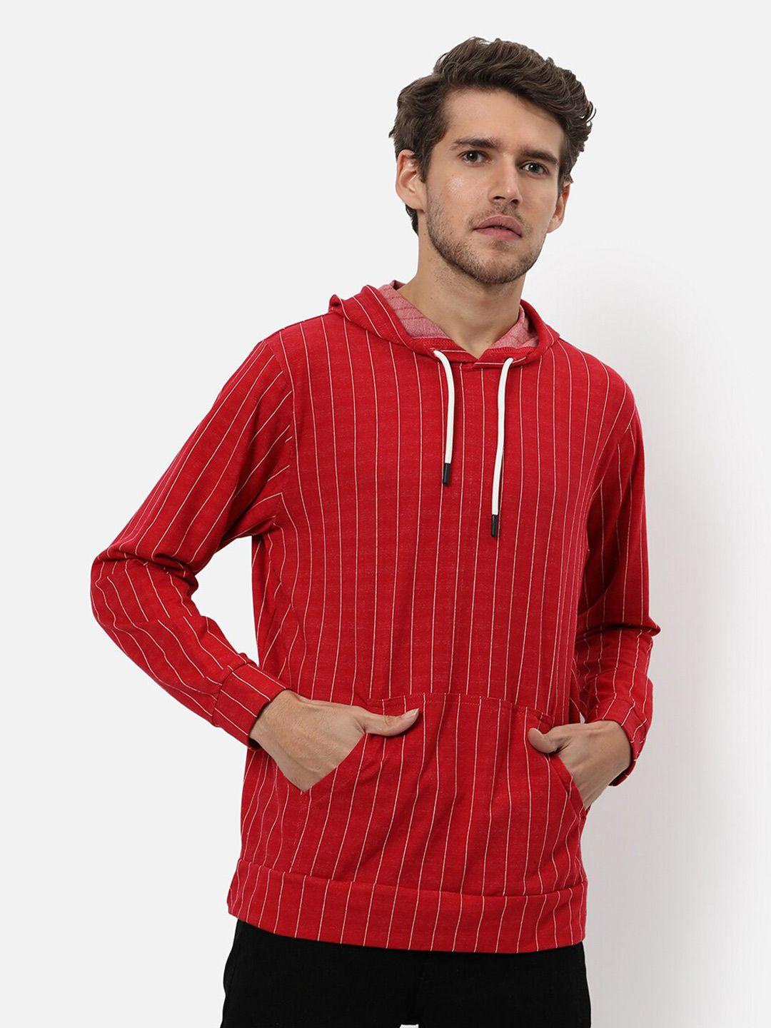 campus sutra men maroon striped hooded sweatshirt