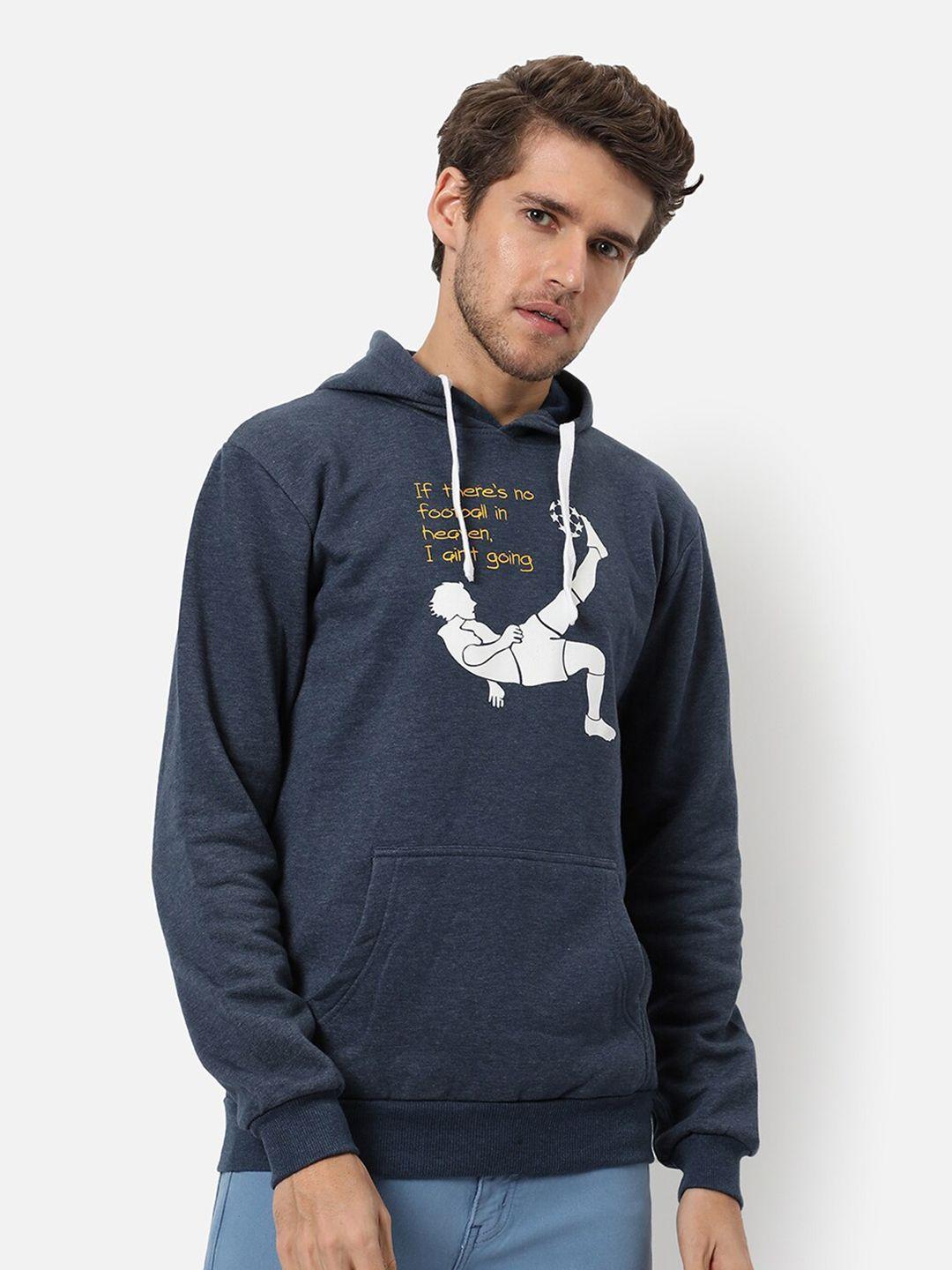 campus sutra men blue printed hooded sweatshirt