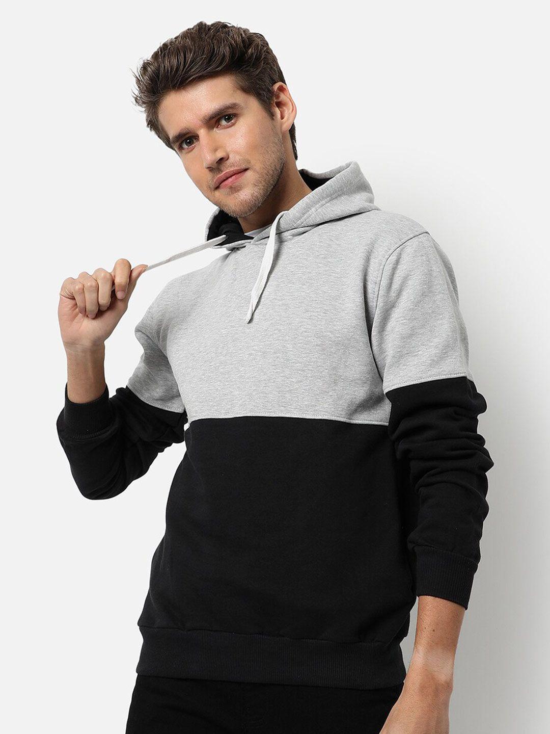 campus sutra men black & grey colourblocked hooded sweatshirt