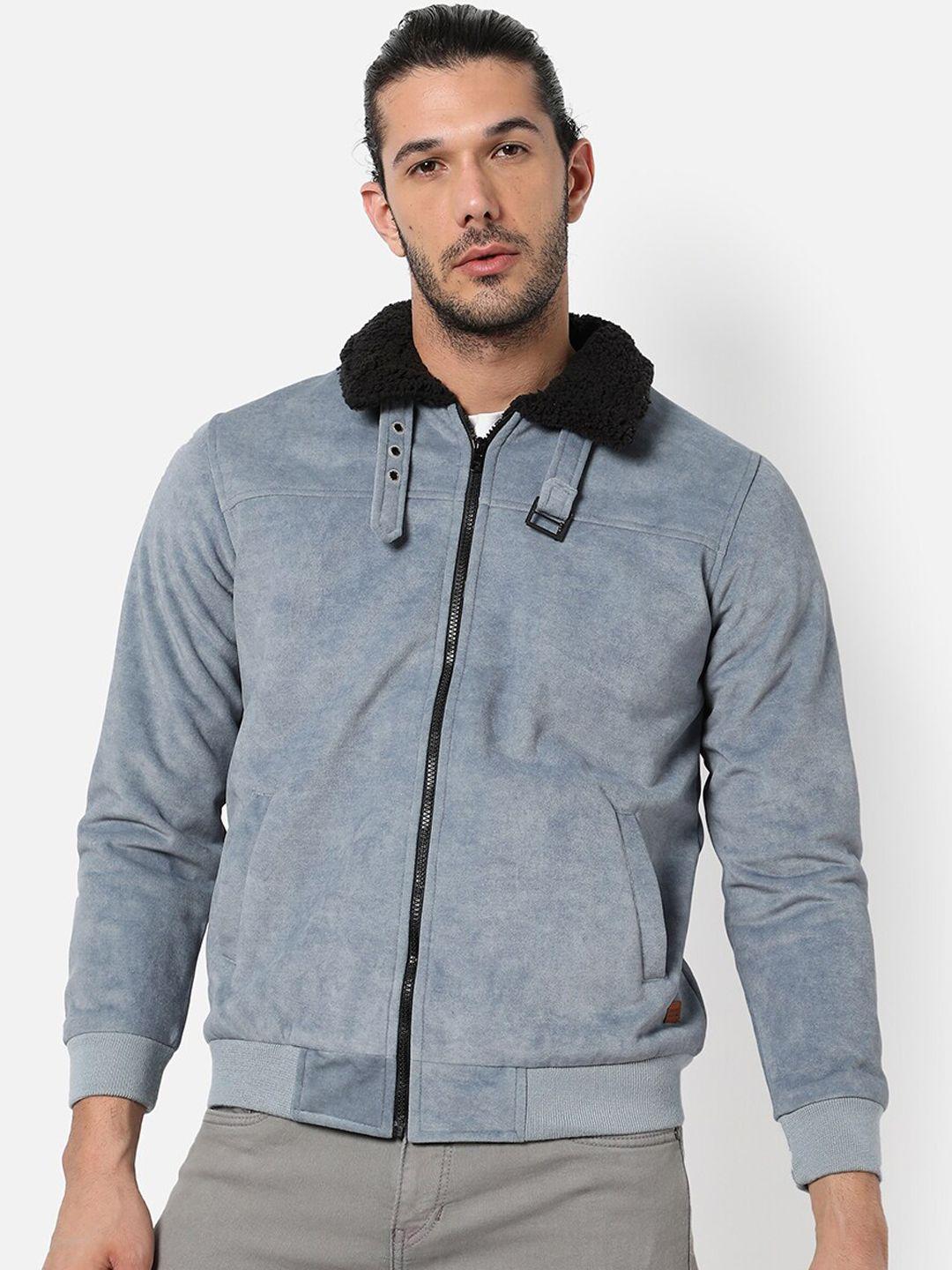 campus sutra men blue grey suede windcheater outdoor open front jacket