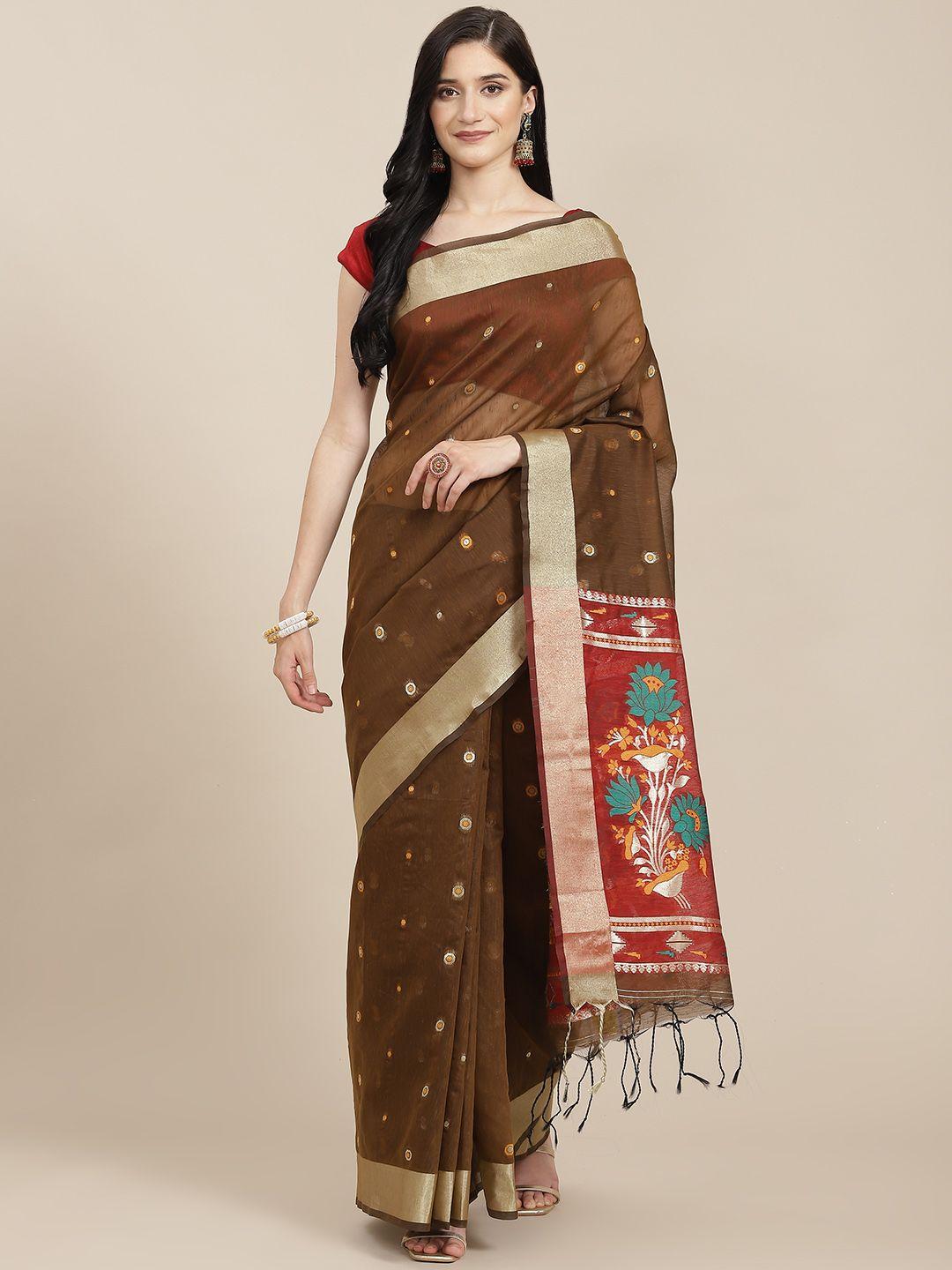 vishnu weaves coffee brown woven design pure linen jamdani saree