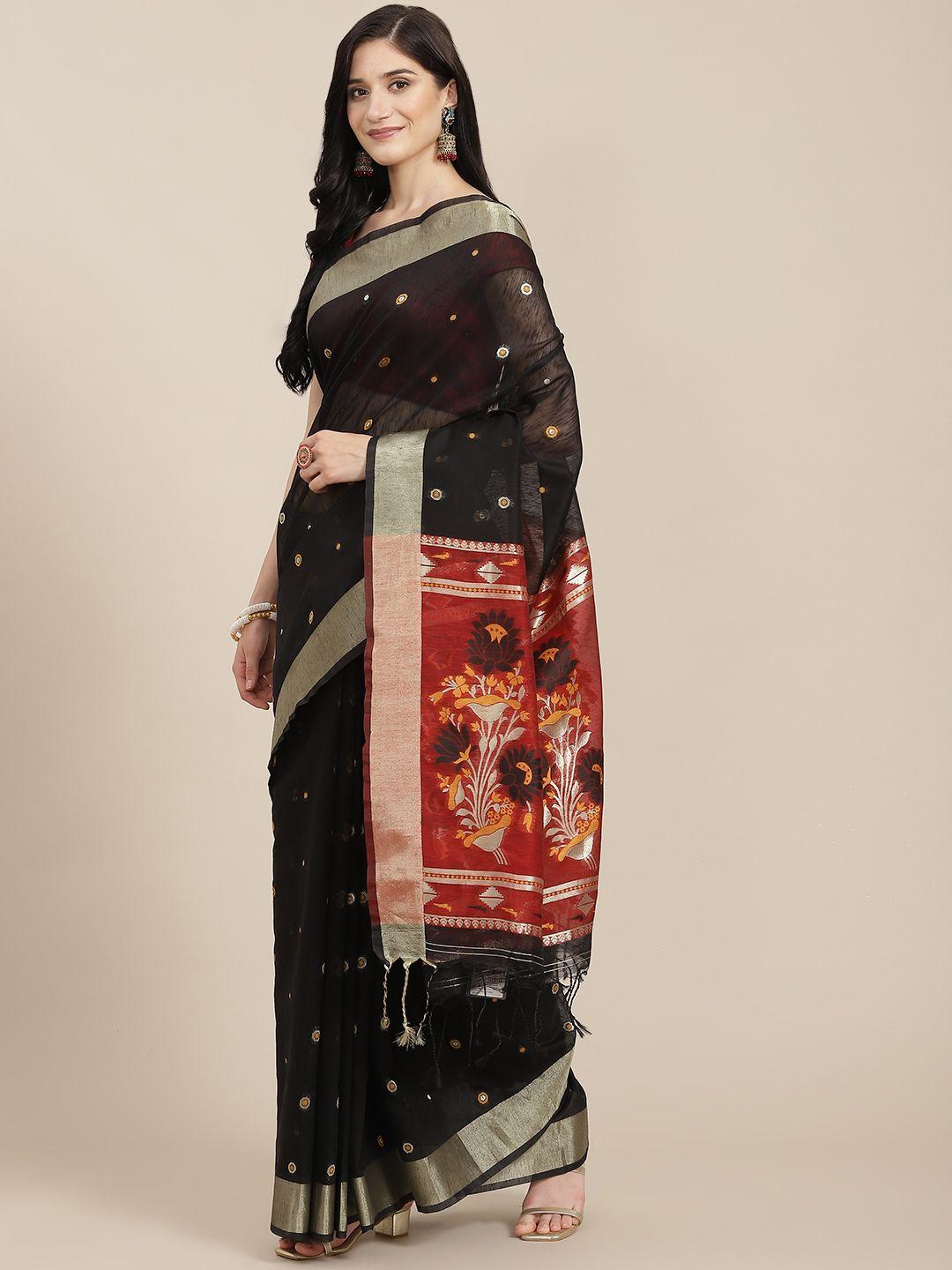 vishnu weaves black woven design pure linen jamdani saree