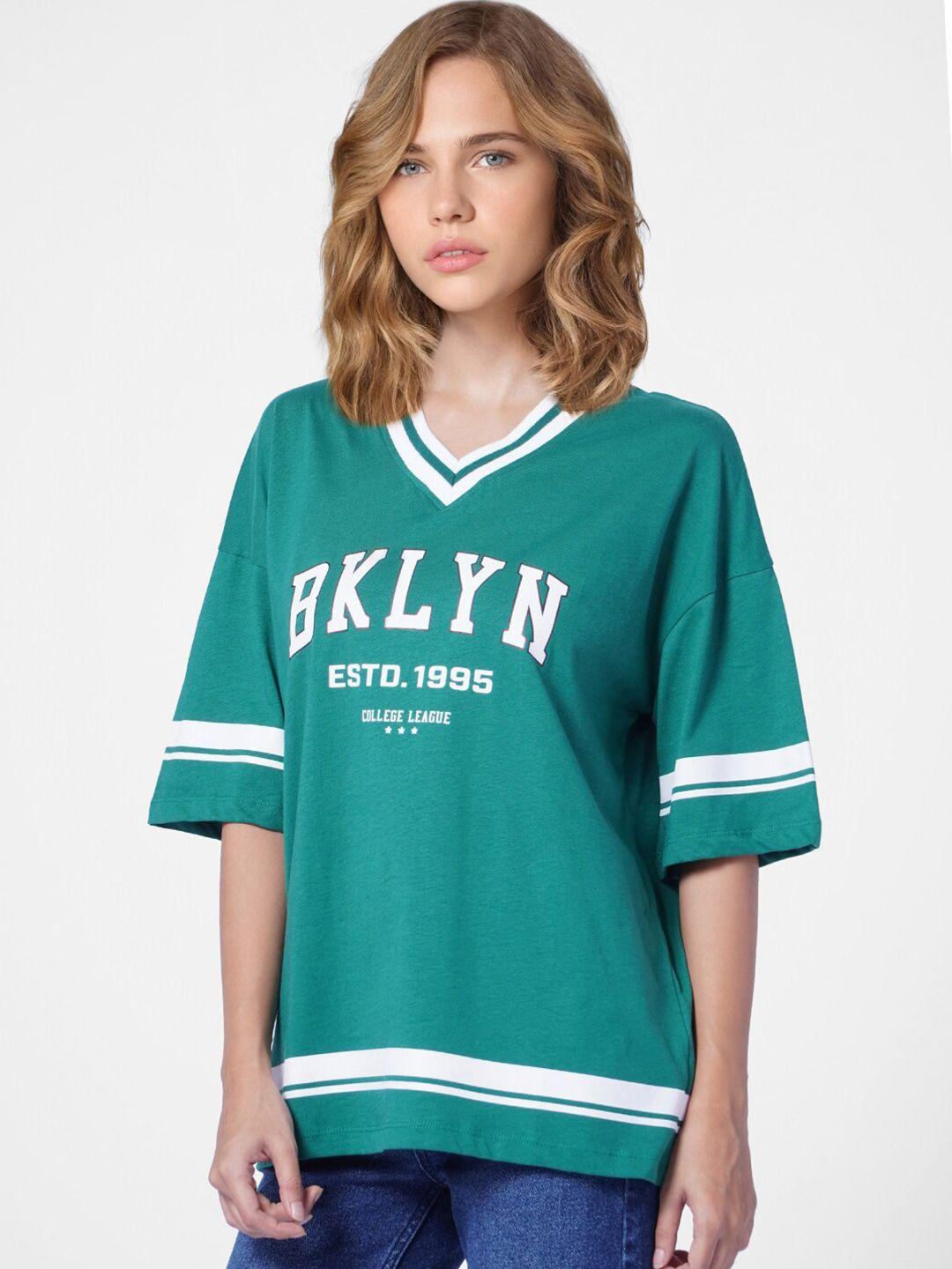 only women green typography printed v-neck drop-shoulder sleeves loose t-shirt