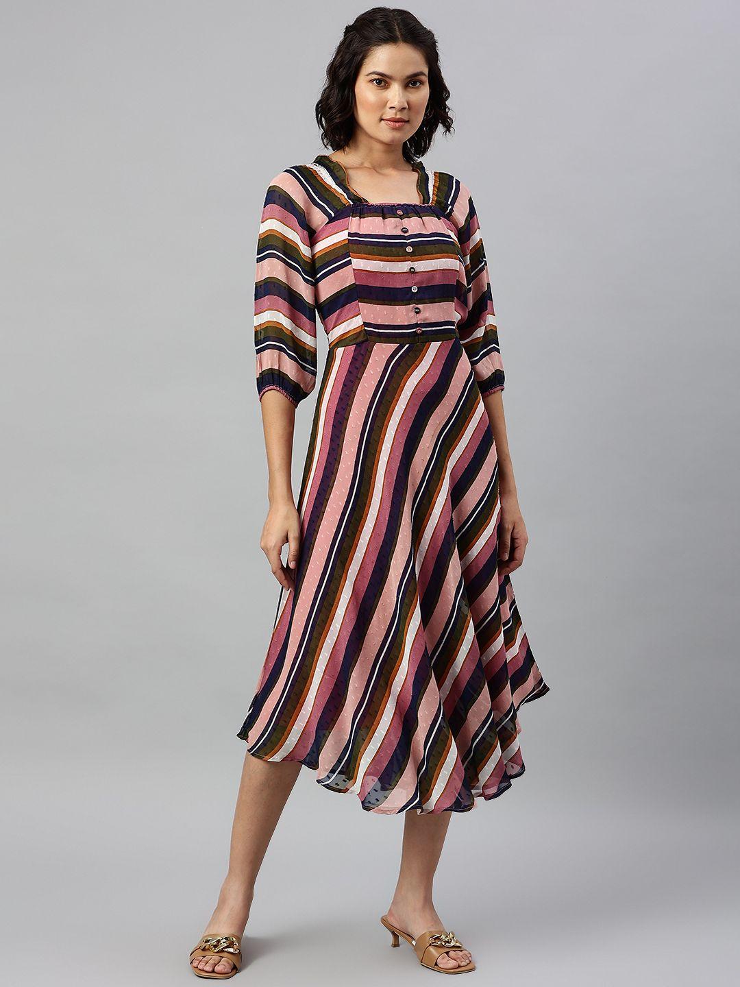 cottinfab pink & navy blue striped georgette a-line midi dress