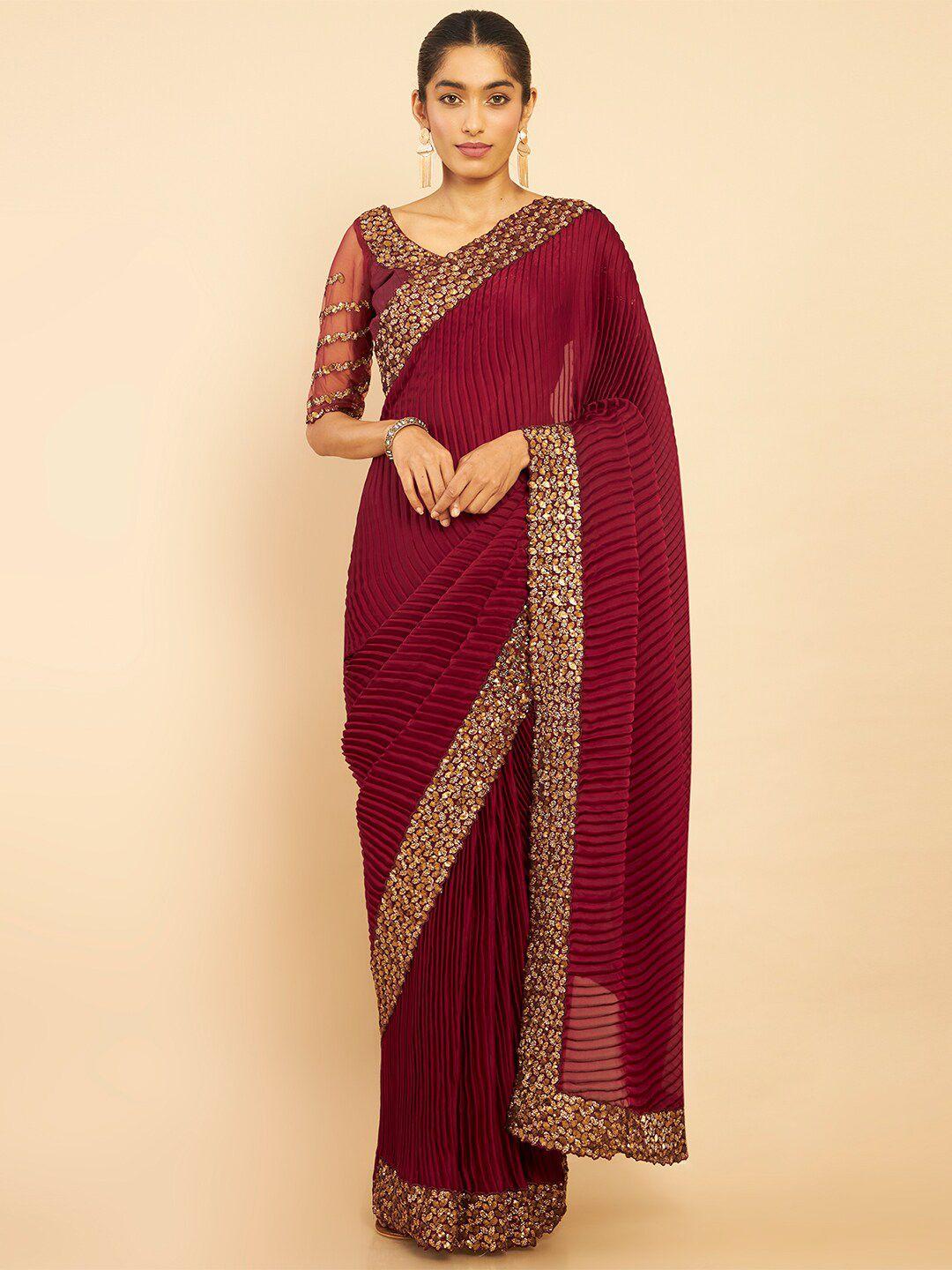 soch maroon & gold-toned sequinned pure crepe saree