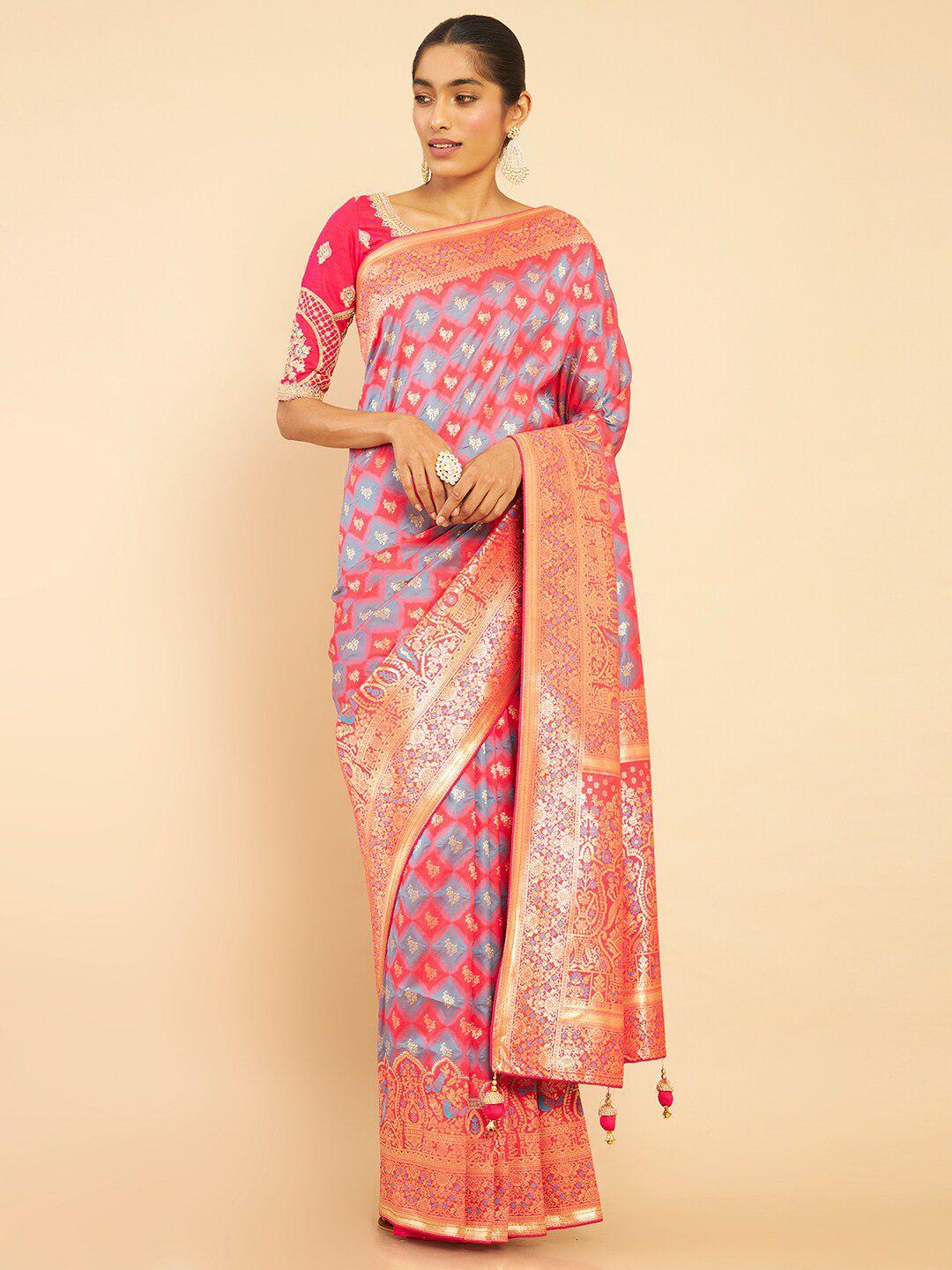 soch fuchsia & blue ethnic motifs zari silk blend tussar saree