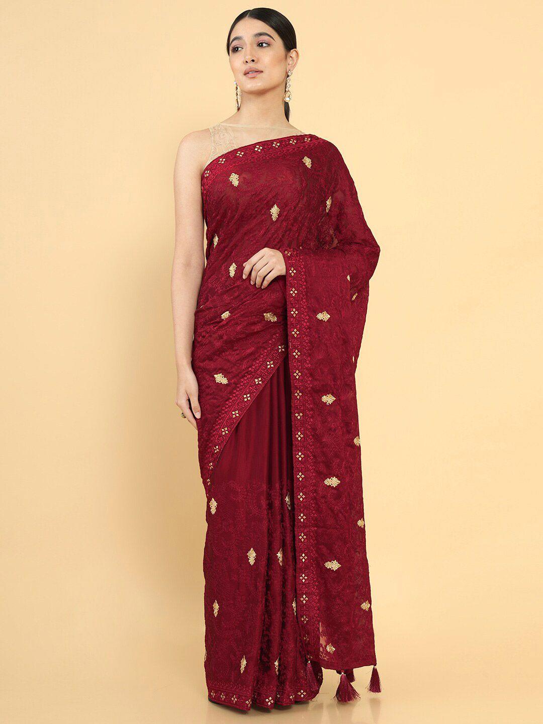 soch maroon & beige floral embroidered silk blend tussar saree