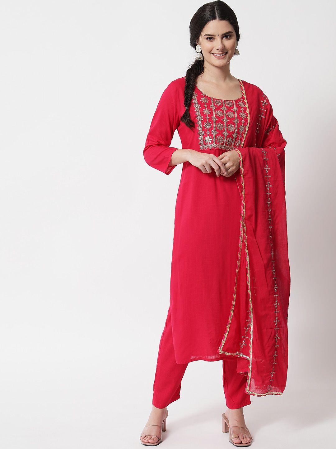 ikdaiya women pink ethnic motifs yoke design straight kurta with trouser & with dupatta