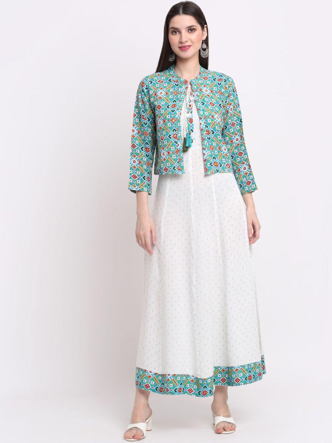 kalini women white & sea green ethnic motifs printed anarkali kurta