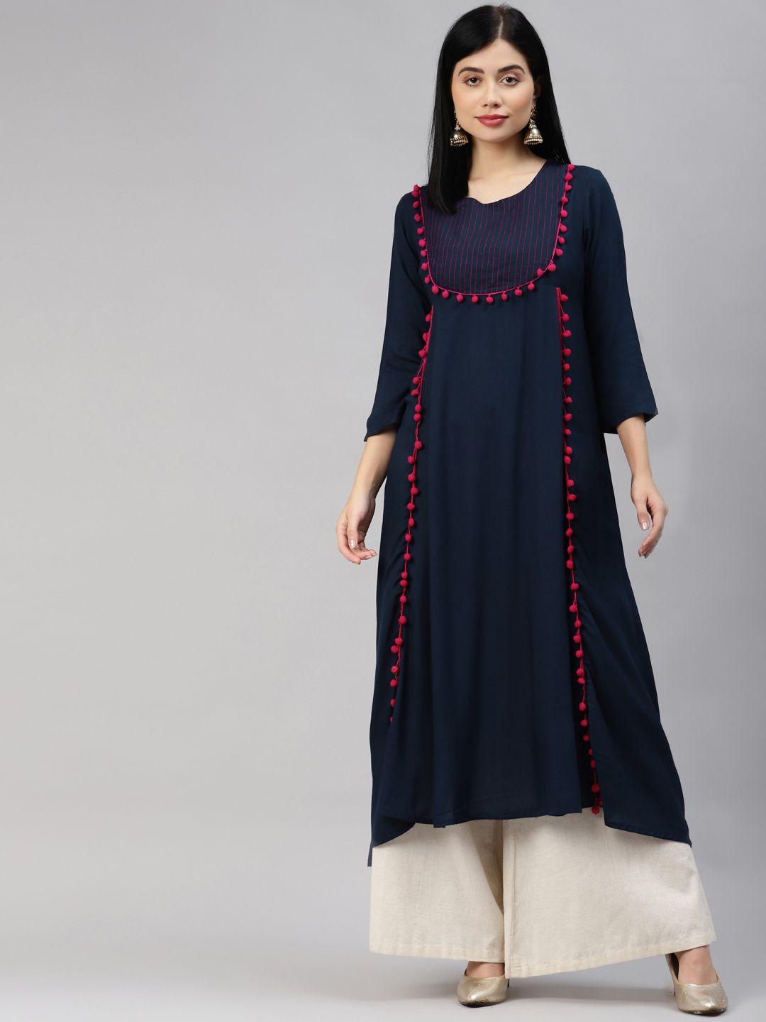 mbe women navy blue solid embroidered kurta