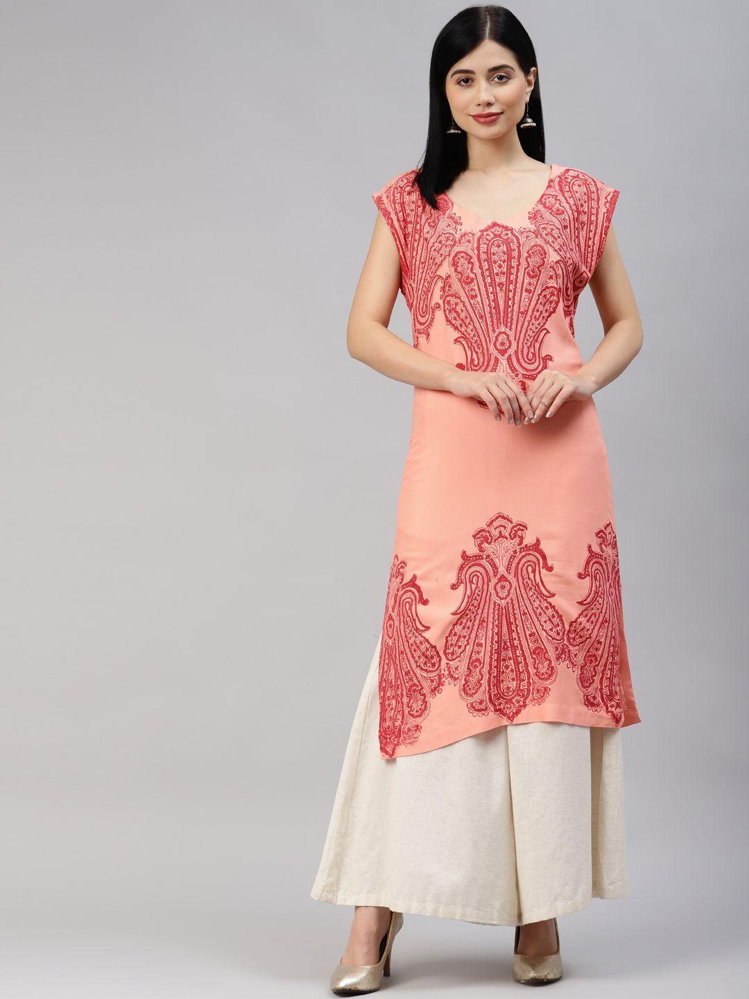 mbe women peach-coloured & pink ethnic motifs printed kurta