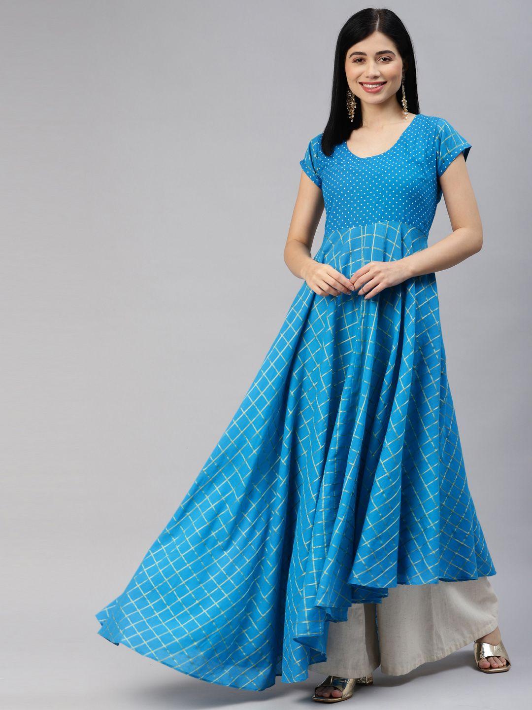 mbe women blue checked pure cotton anarkali kurta