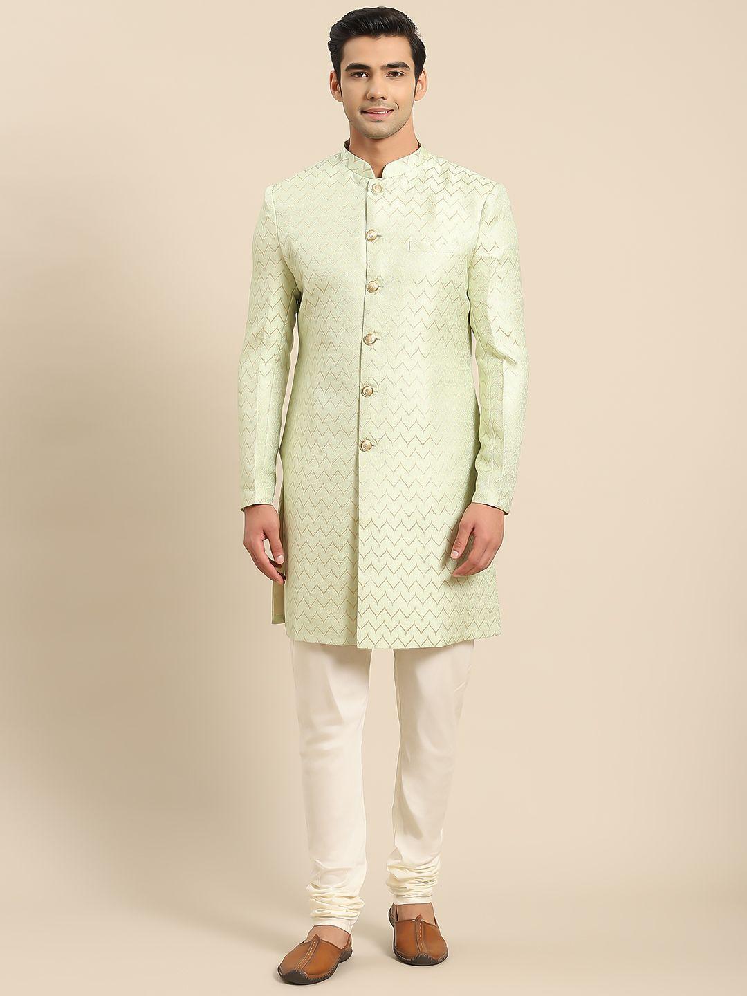 kisah men sea green & white solid sherwani set