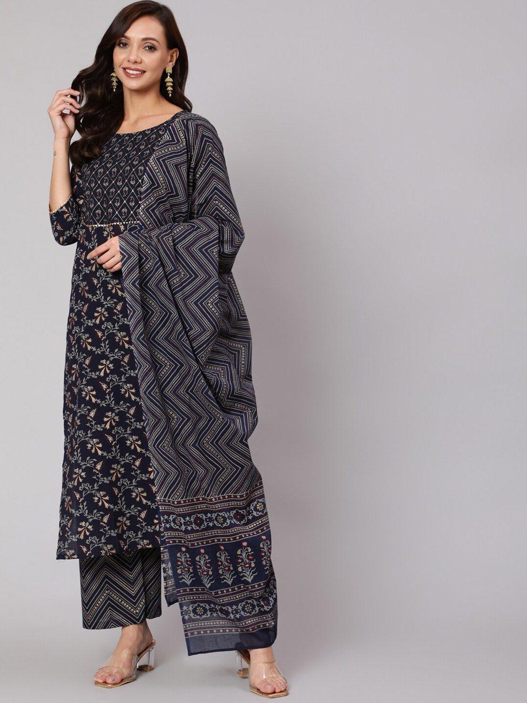 nayo women navy blue printed pure cotton kurta with palazzos & dupatta