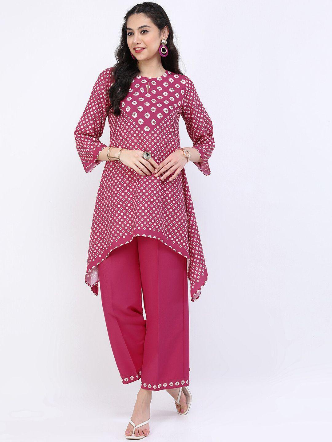 vishudh women pink bandhani printed kurti with trousers