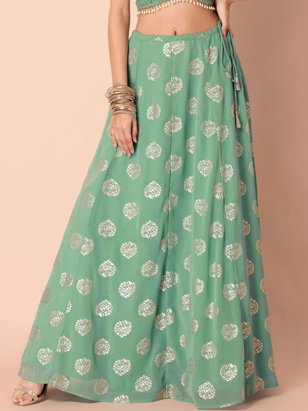 indya women green & gold-coloured printed flared maxi skirt