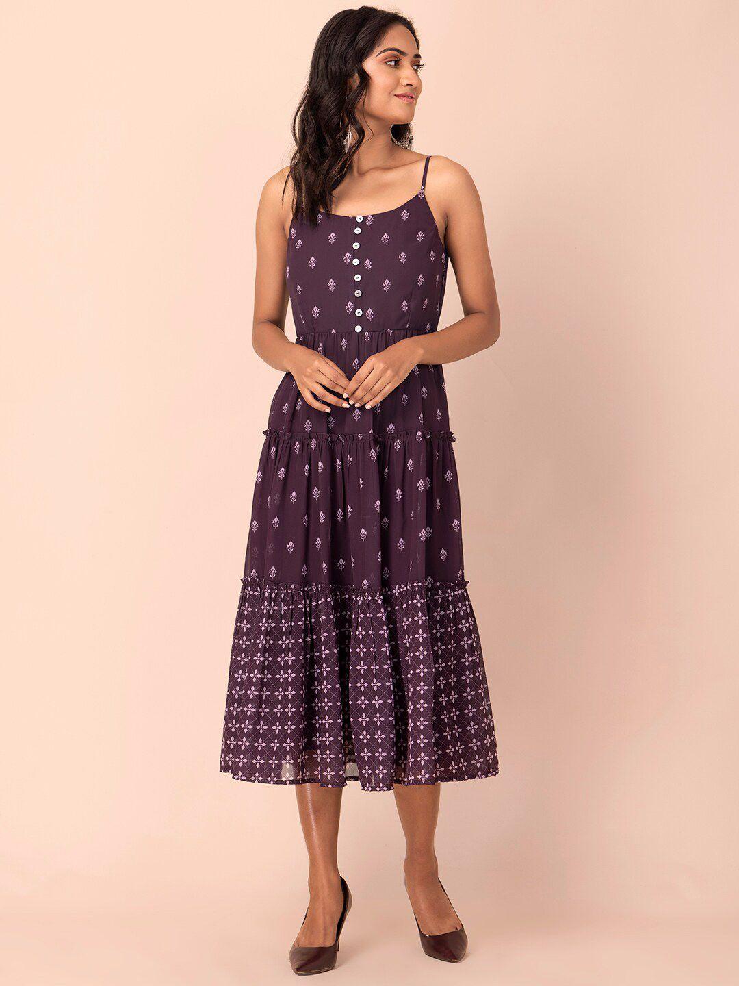 indya purple floral georgette a-line midi dress