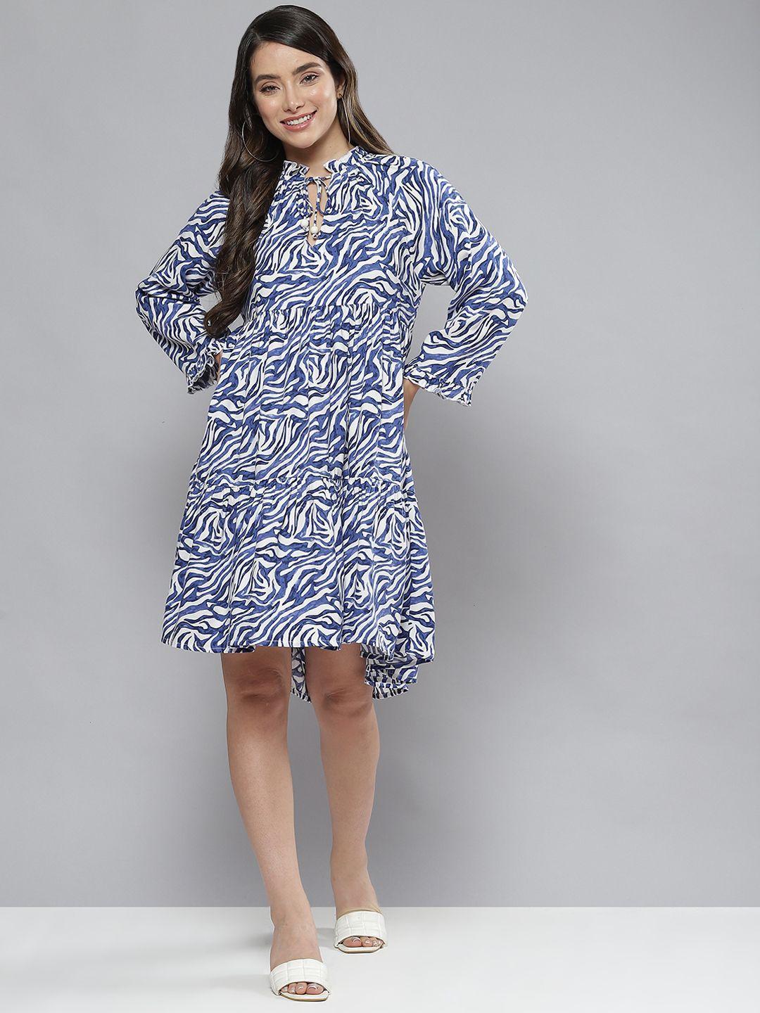 femella blue & white animal tie-up neck a-line dress