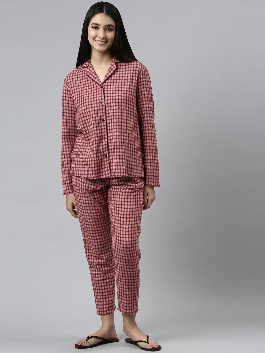 enamor women maroon checked night suit