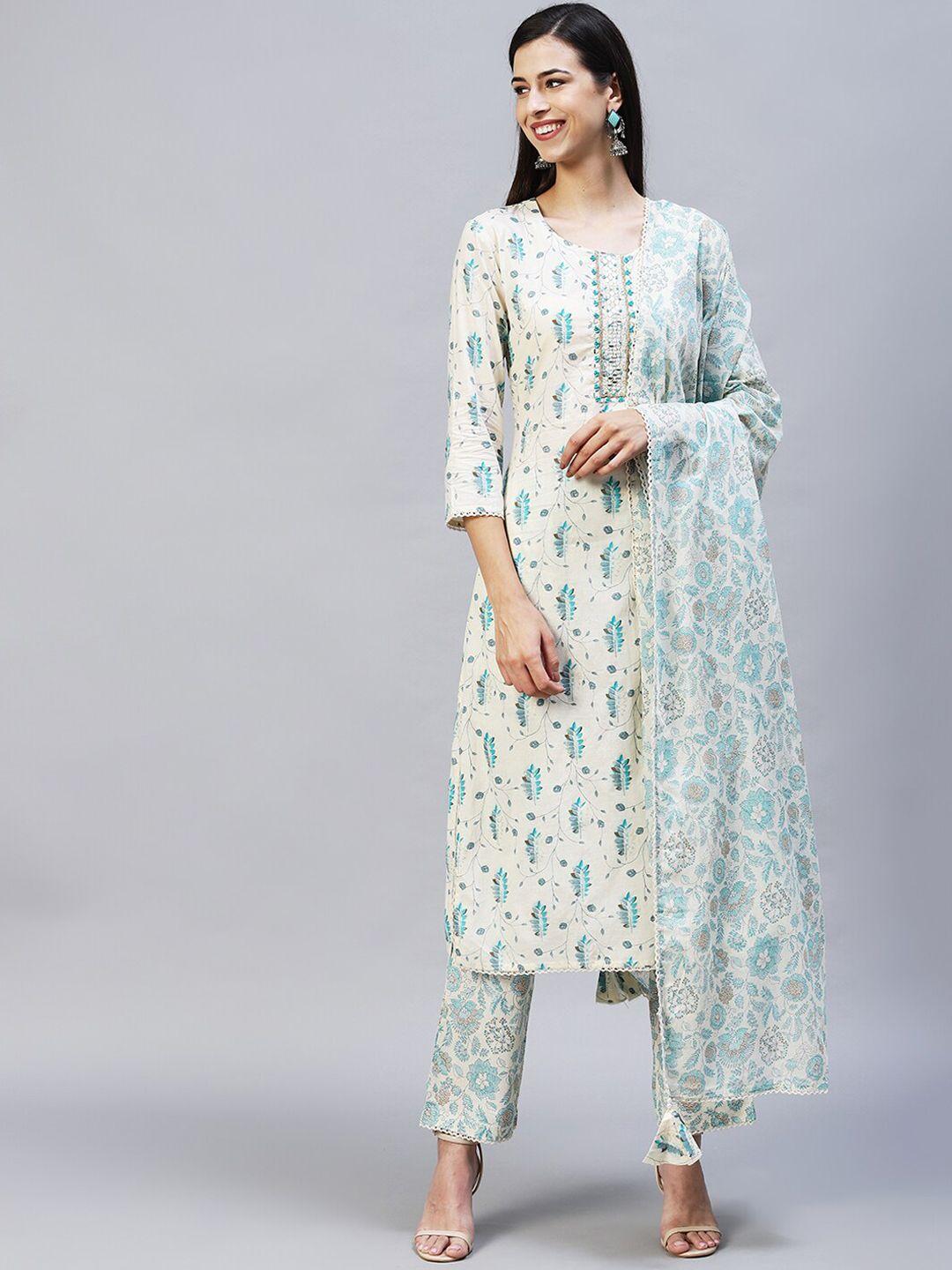 fashor women cream-coloured floral printed pure cotton kurta with trousers & with dupatta