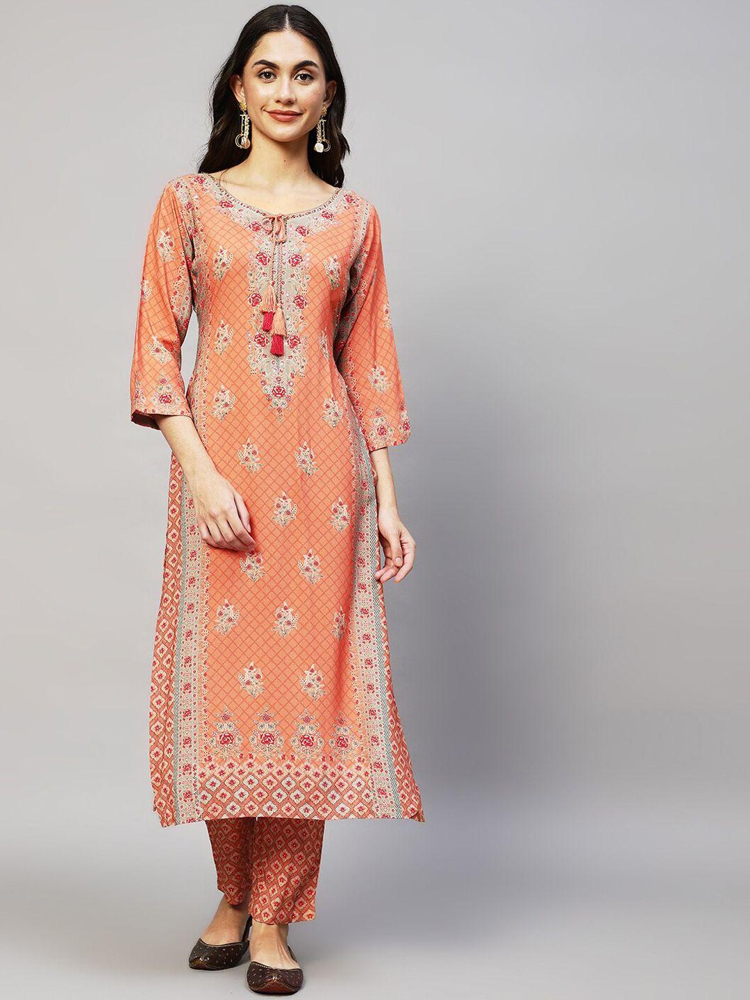 fashor women orange ethnic motifs printed regular kurti with trousers