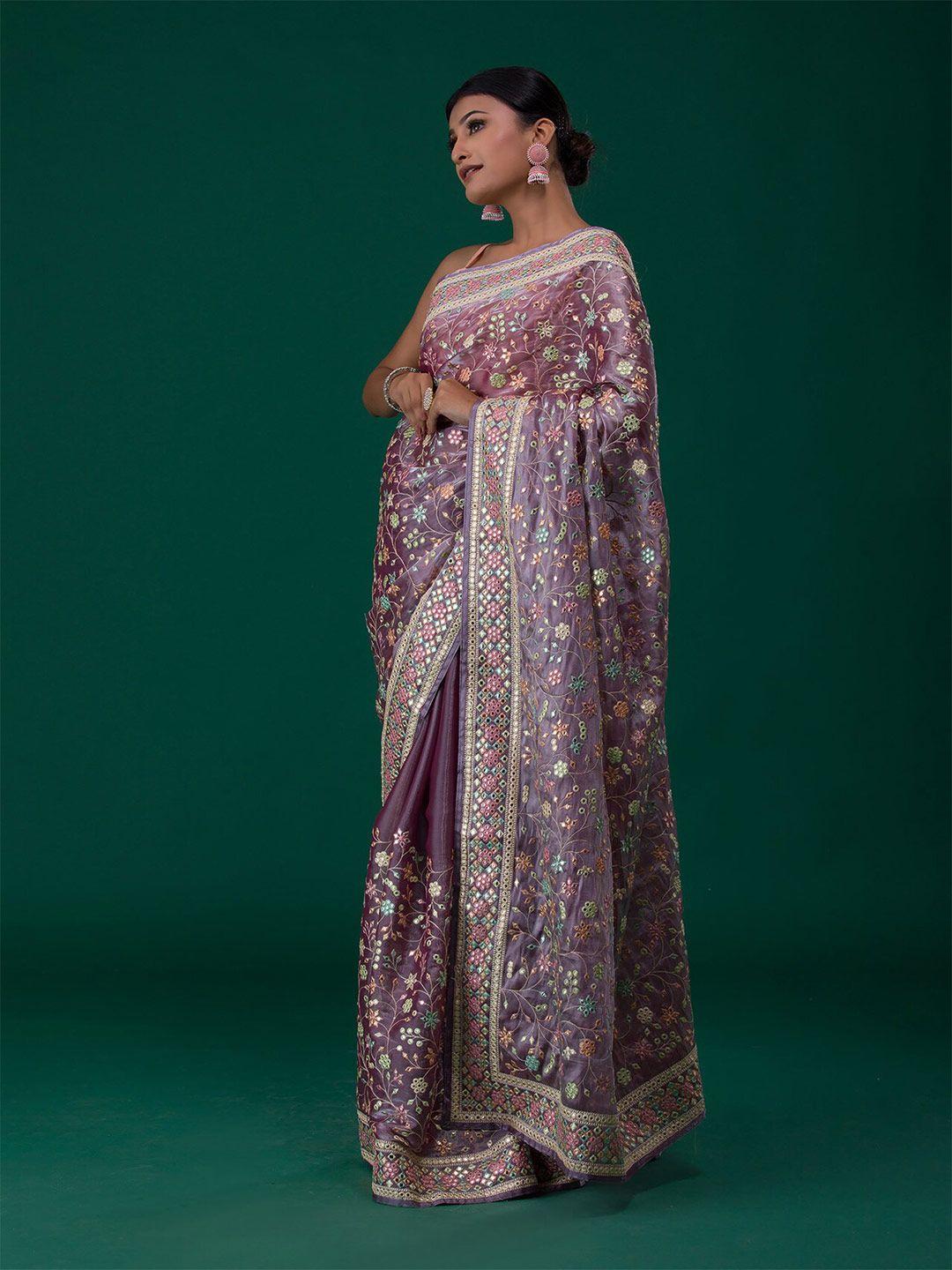 koskii lavender & pink floral mirror work saree