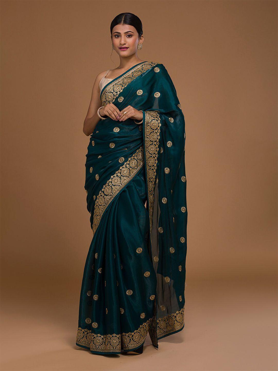 koskii teal & gold embellished embroidered art silk saree with unstitched blouse piece