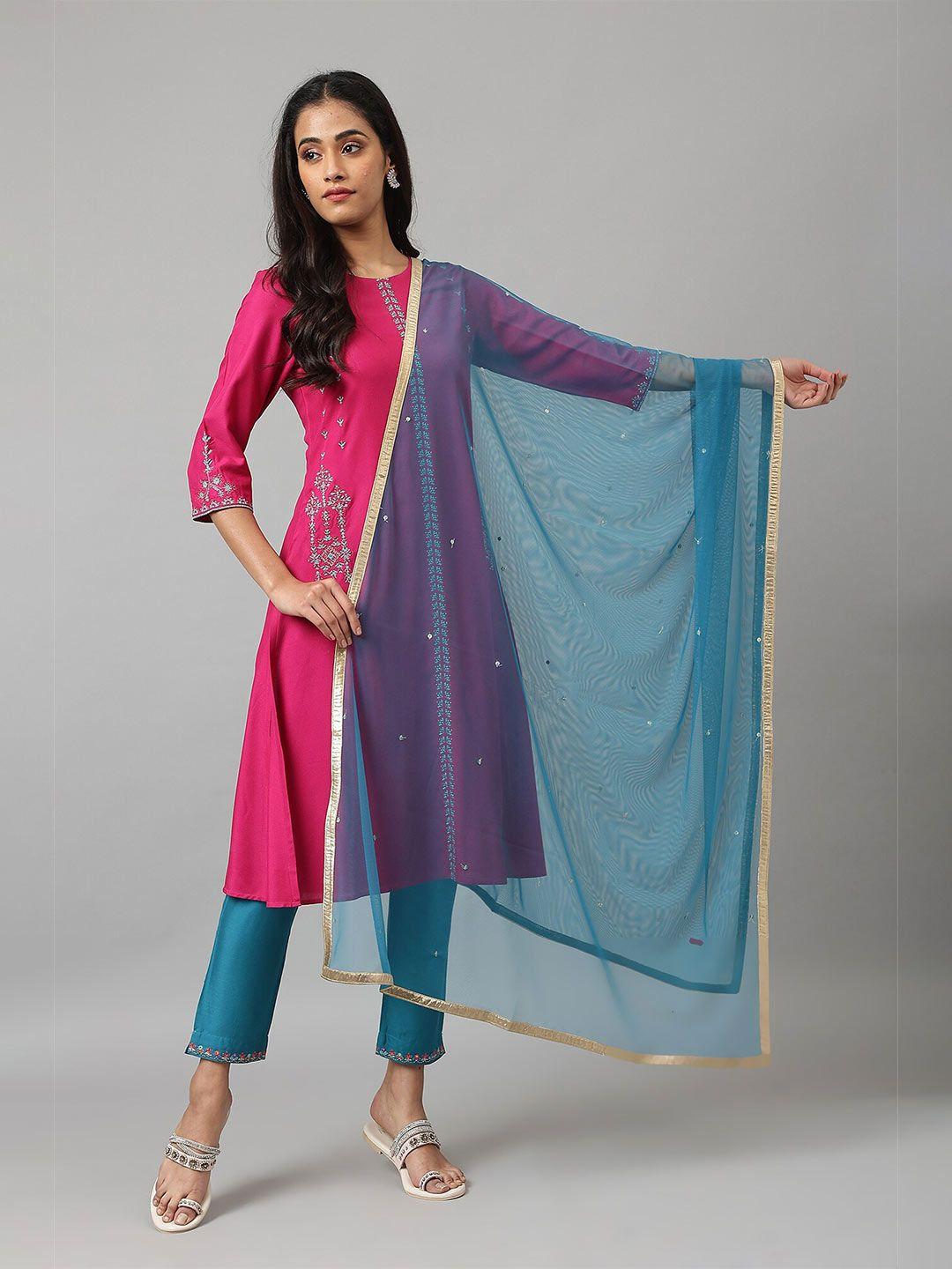 w women blue & gold-toned poly crepe dupatta