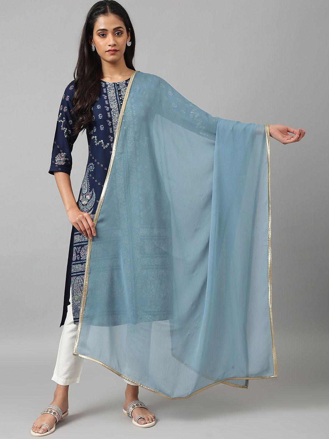 w women blue & gold-toned poly crepe dupatta