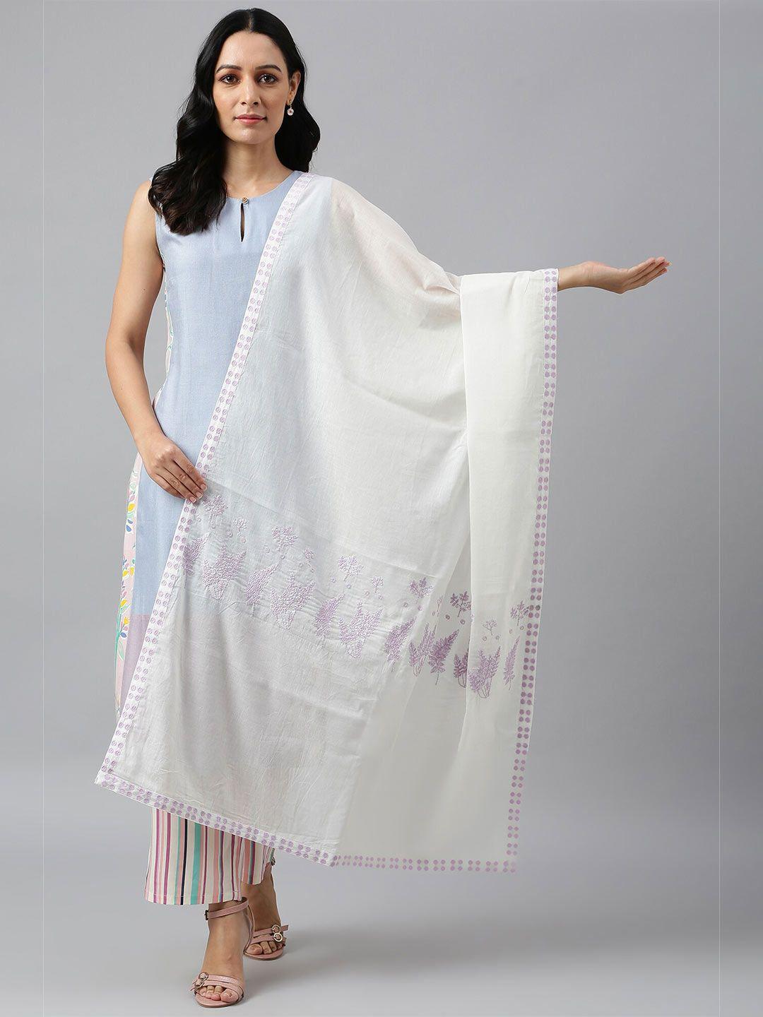 w white & lavender embroidered dupatta