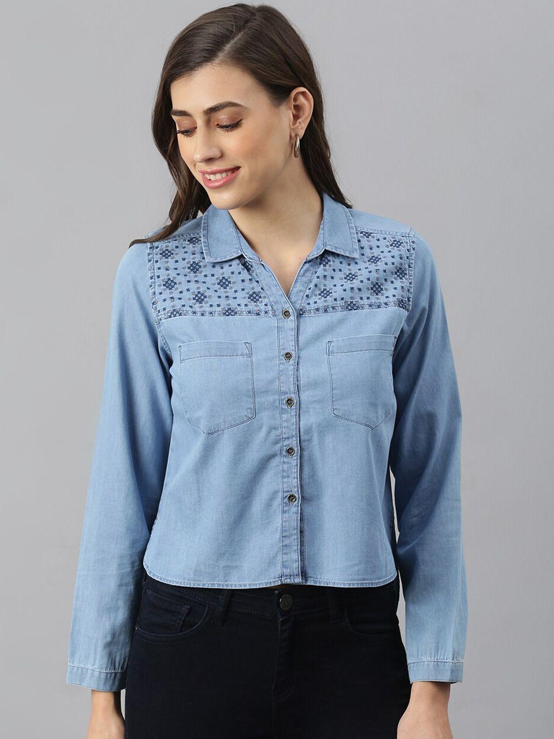 xpose women blue comfort denim printed casual shirt