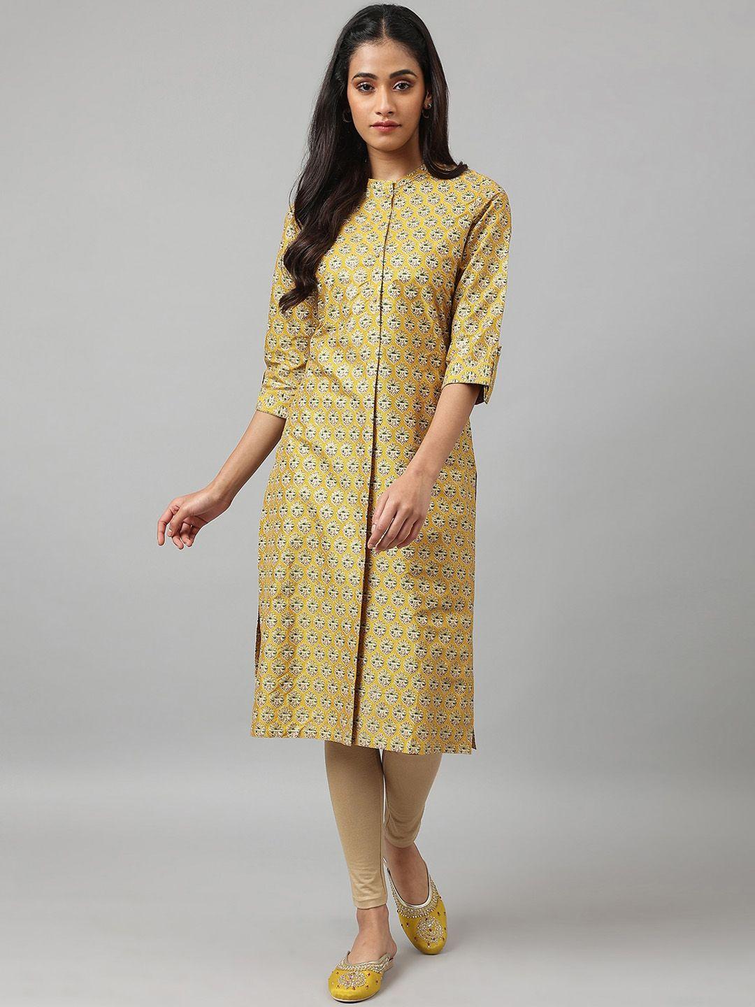 w women yellow geometric printed floral kurta