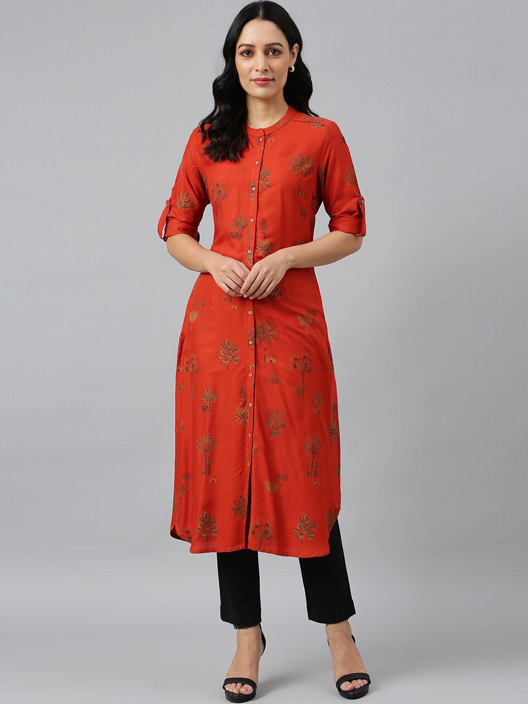 w women orange floral printed kurta