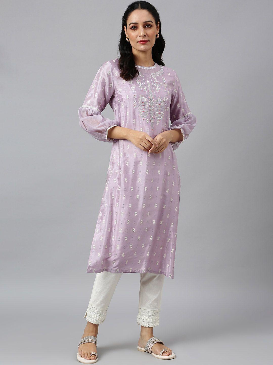 w women lavender ethnic motifs embroidered thread work kurta