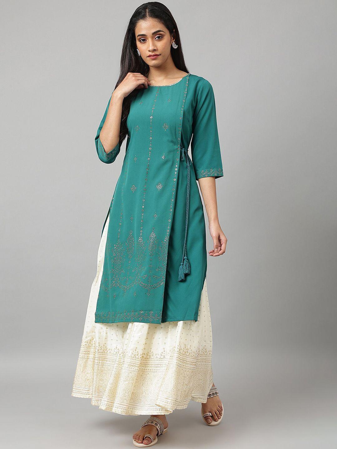 w women green geometric embroidered  kurta