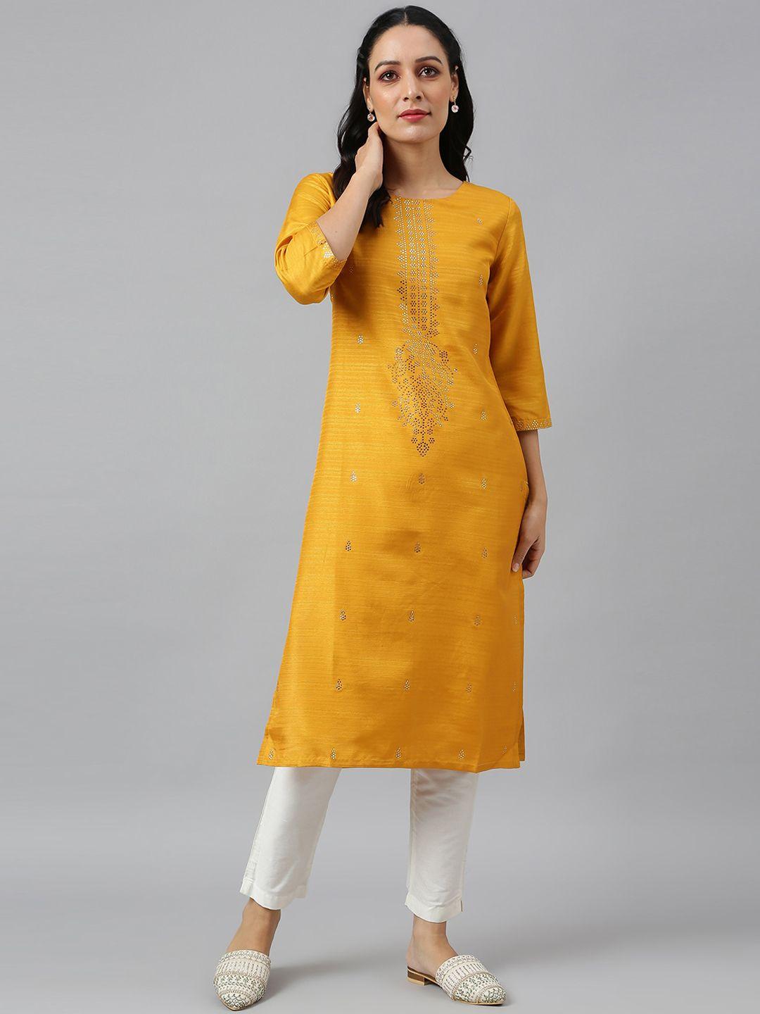 w women yellow ethnic motifs embellished kurta