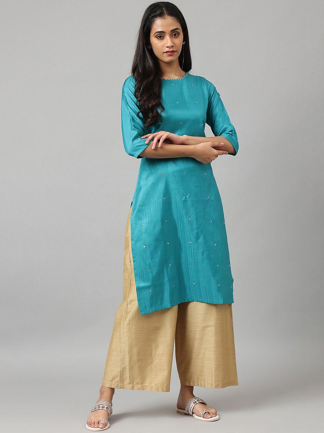 w women teal thread work indie prints kurta