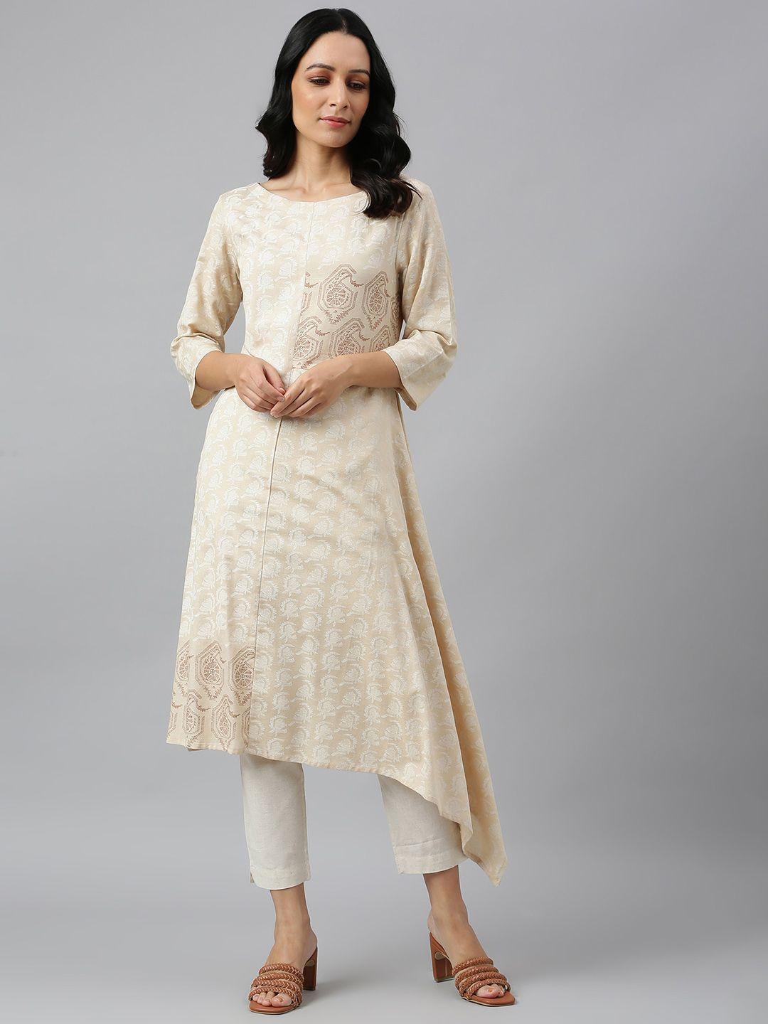 w women beige ethnic motifs embroidered pastels kurta