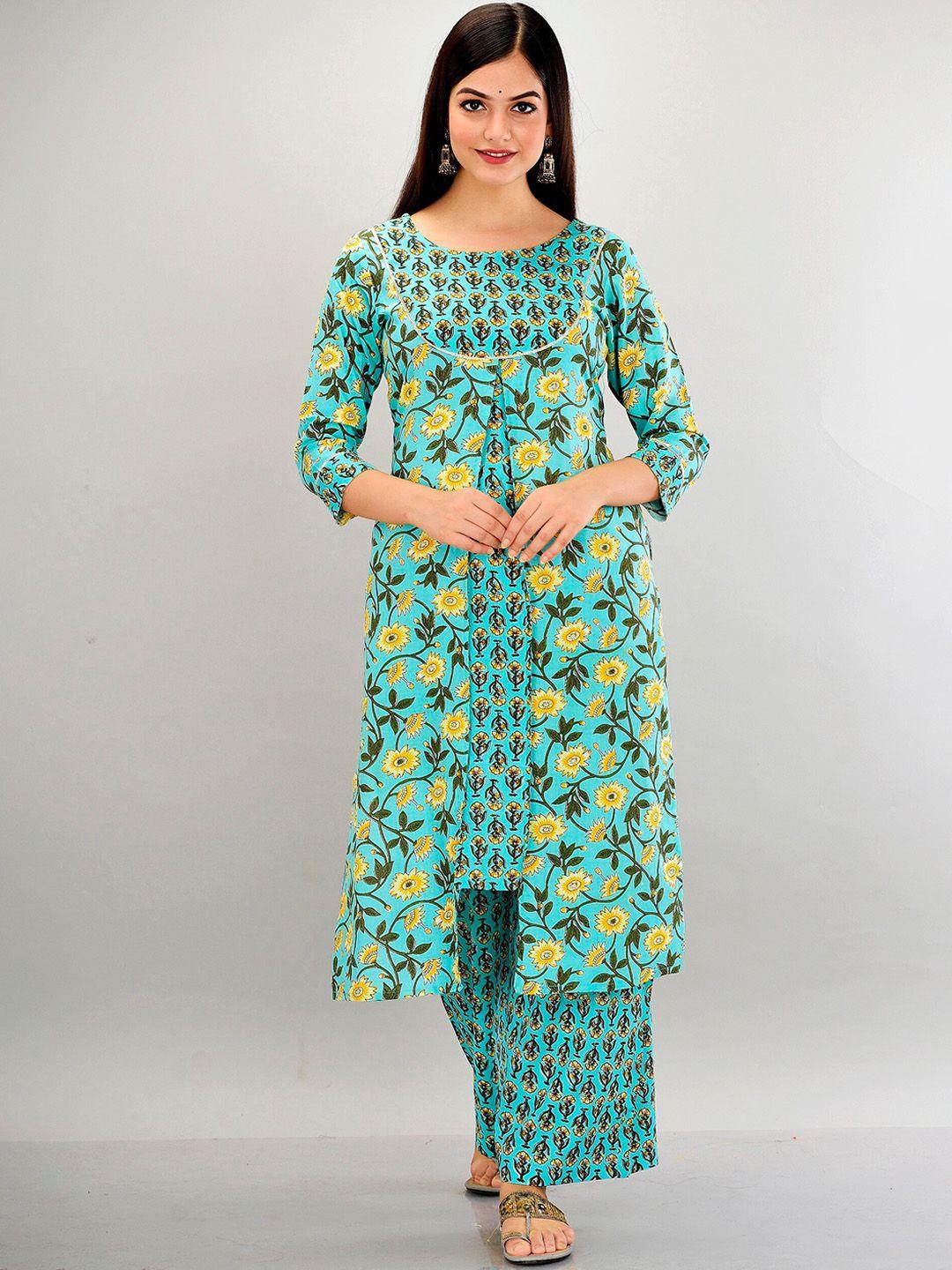 metro-fashion women turquoise blue floral printed layered kurta with palazzos