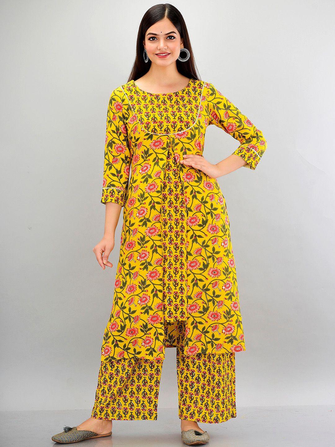 metro-fashion women mustard yellow floral printed kurta with palazzo