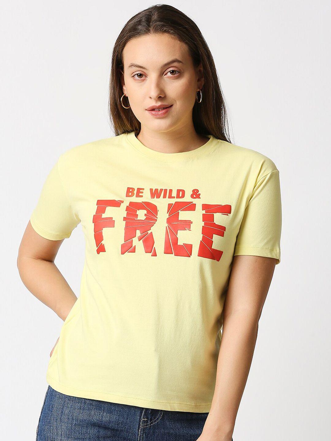 blamblack women yellow typography printed t-shirt