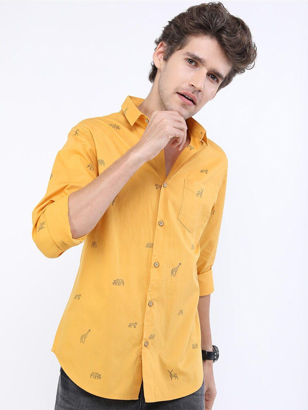 highlander men yellow printed cotton slim fit casual shirt