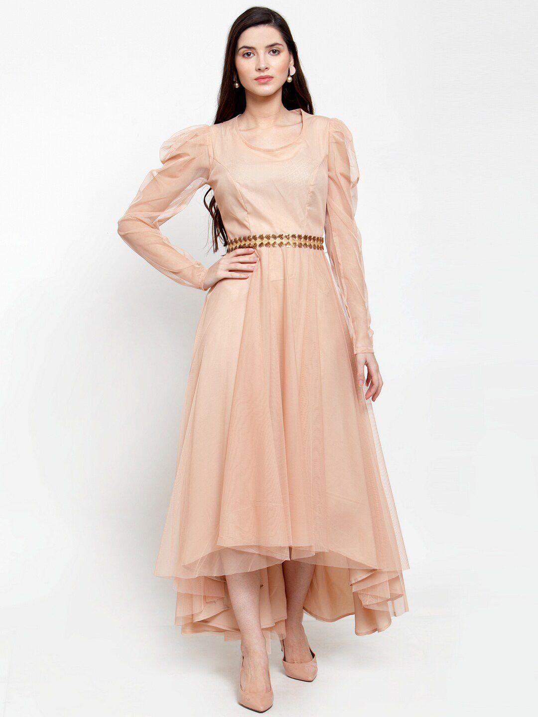 just wow women cream-coloured net maxi dress