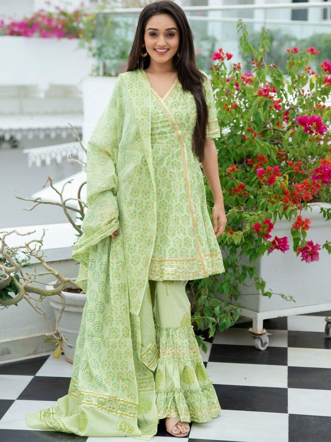 lavanya the label women green printed angrakha cotton kurta with sharara & with dupatta