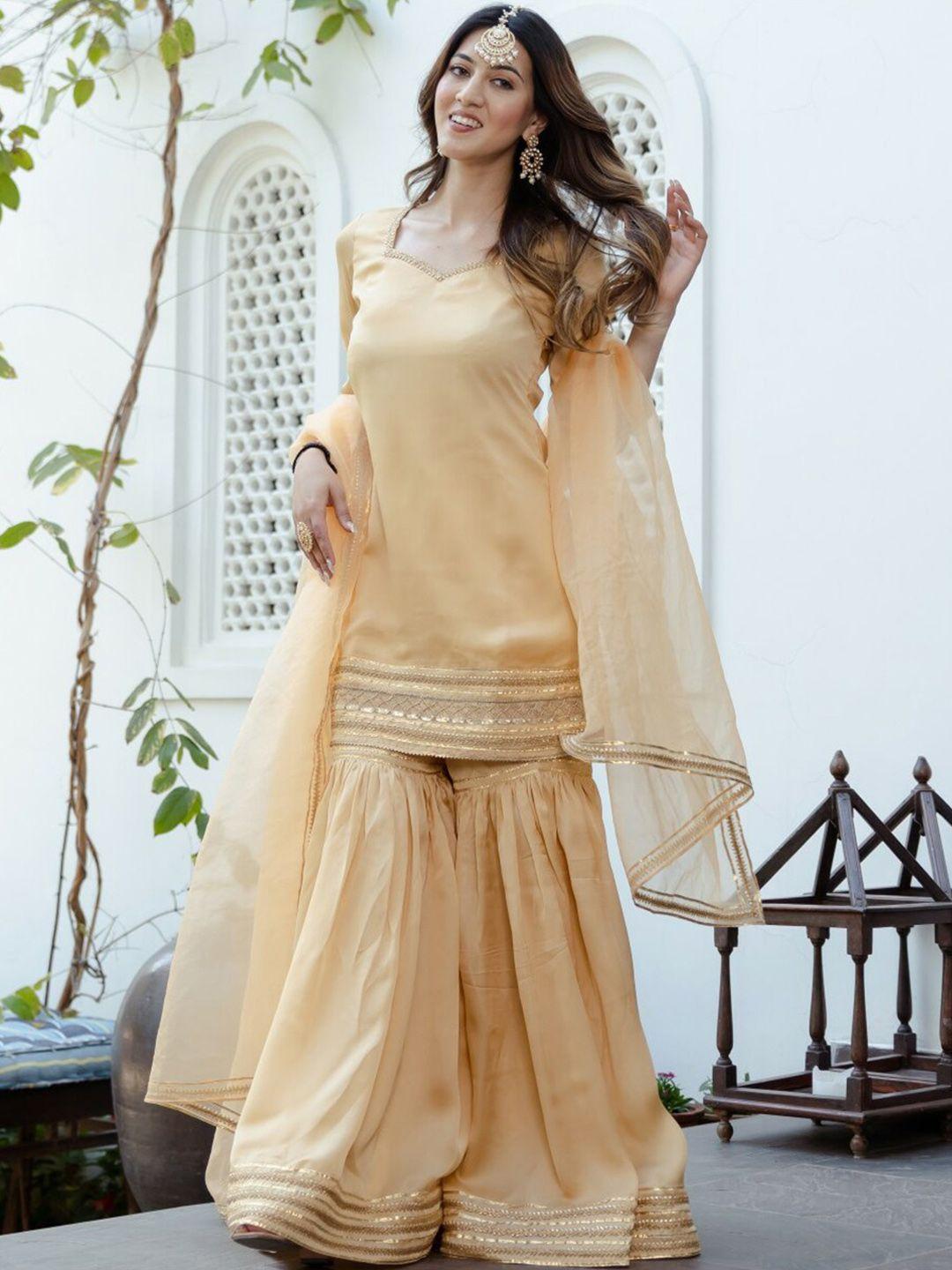 lavanya the label women beige ethnic motifs yoke design kurta with sharara & dupatta