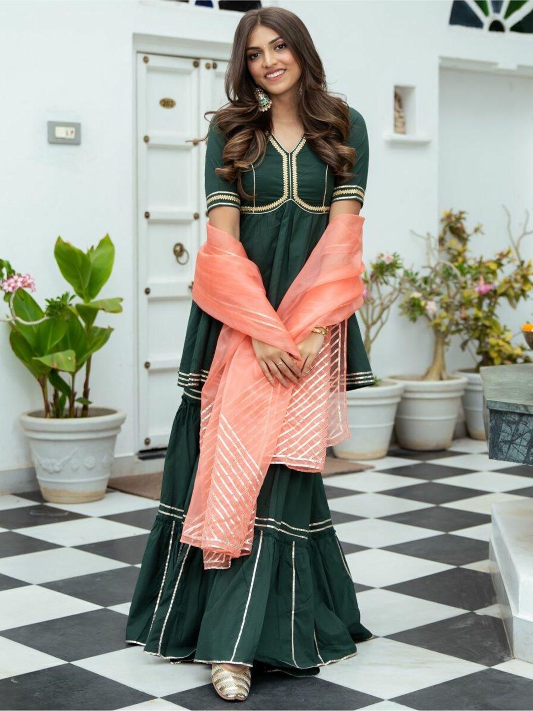 lavanya the label women green panelled pure cotton kurta with sharara & dupatta